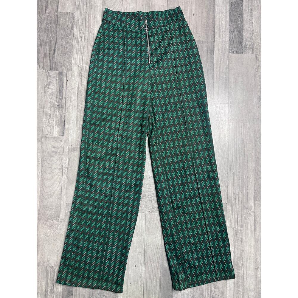 ZARA High Waist Wide Leg Pants Women S Green Chevron Print Front Zip Trousers